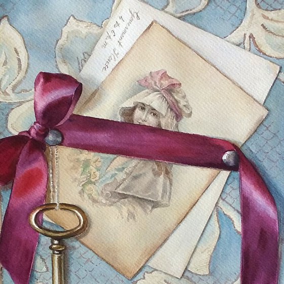 Still life of Trompe l'oeil with an antique postcard.
