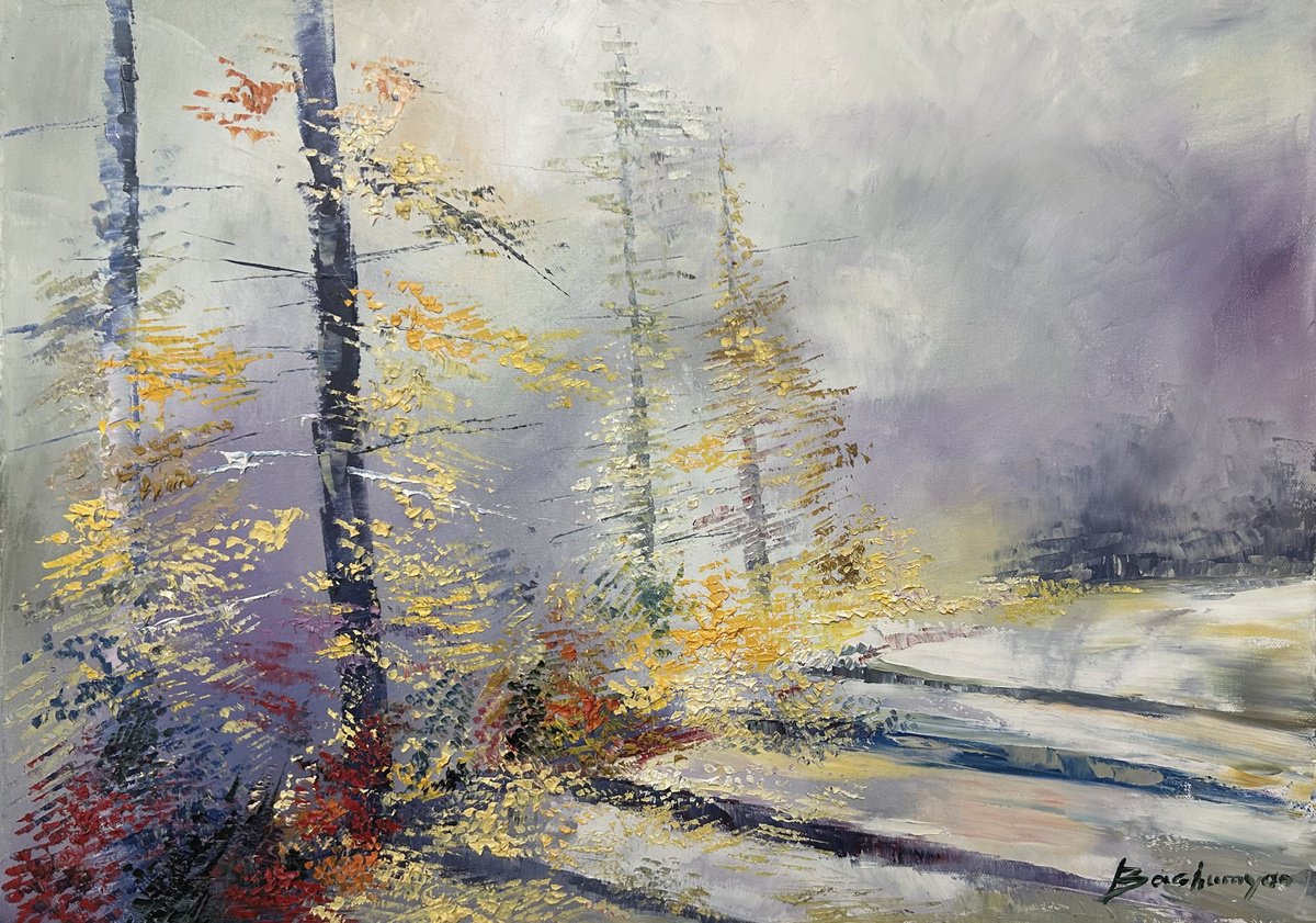 Impressionistic Landscape Oil Painting By Vahe Bagumyan, 28 X 20", Autumn Veil, Original Artwork