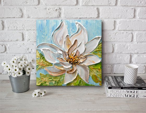 Magnolia II - Heavy textured white flower painting