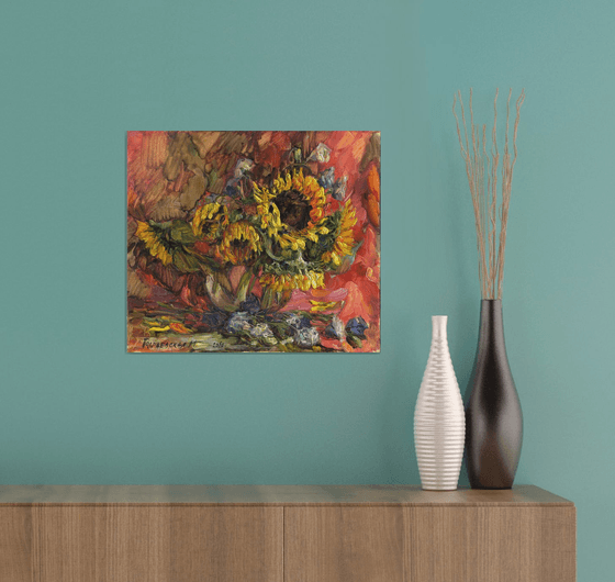 Sunflowers on a red drapery