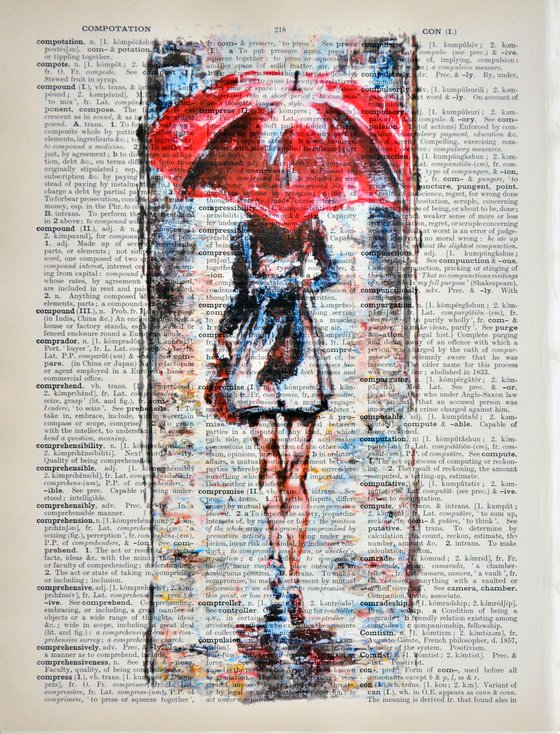 Red Umbrella  - Collage Art on Large Real English Dictionary Vintage Book Page