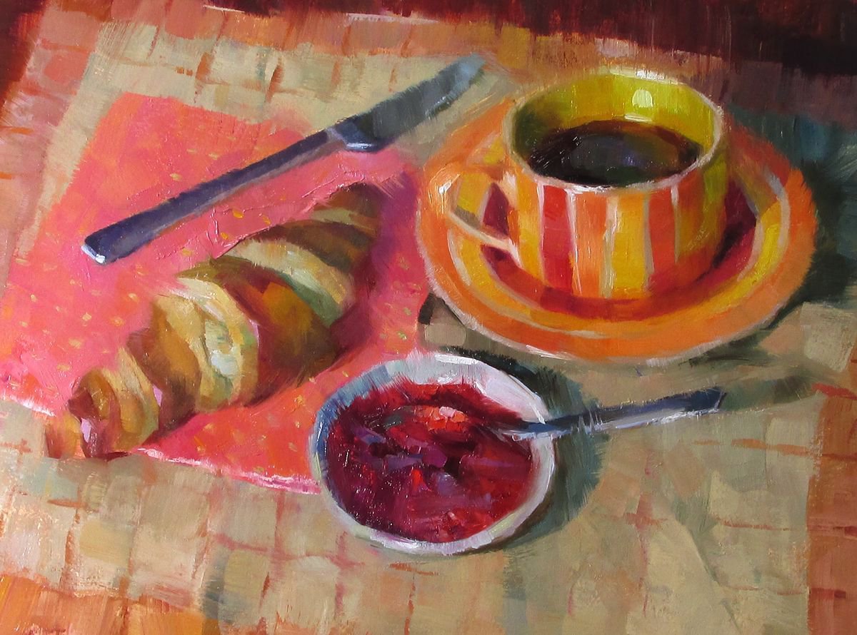 ’Croissant Breakfast’ - original oil painting, alla prima oil painting, one of a kind by Alex Kelly