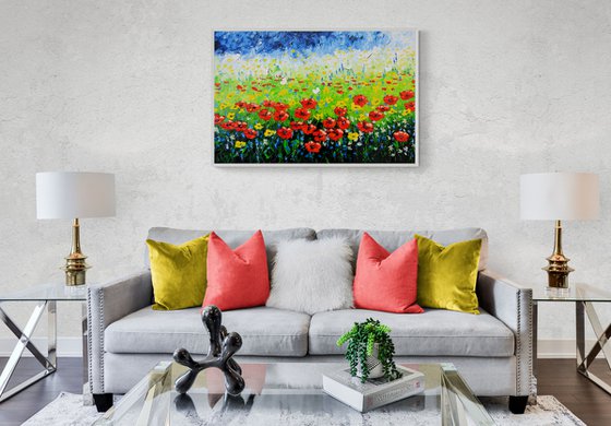 Field with poppies and daisies. Original oil painting on canvas.