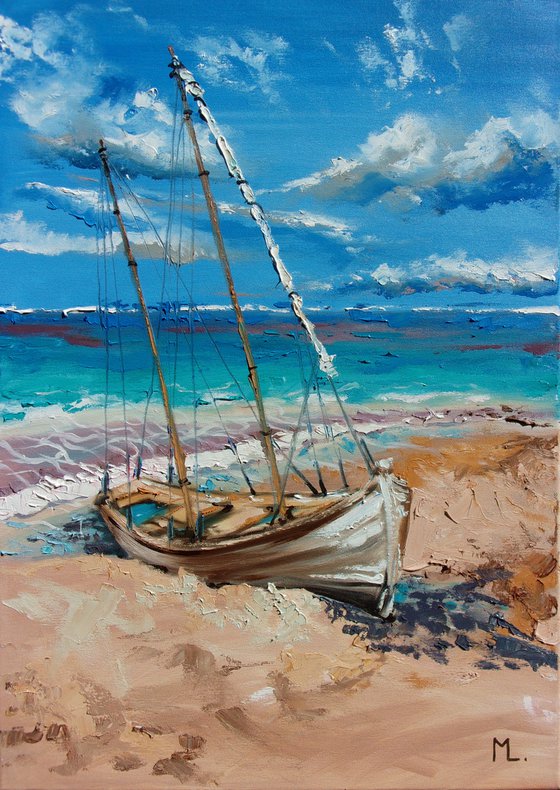 " LONELY III ... " SHIP BOAT SAIL original painting palette knife GIFT MODERN URBAN ART OFFICE ART DECOR HOME DECOR GIFT IDEA