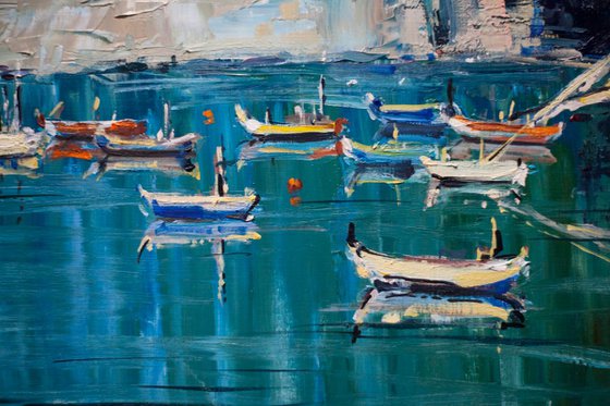 Vernazza. Cinqueterre, Italy. Original oil painting. Small size seascape impressionistic blue boats coast interior
