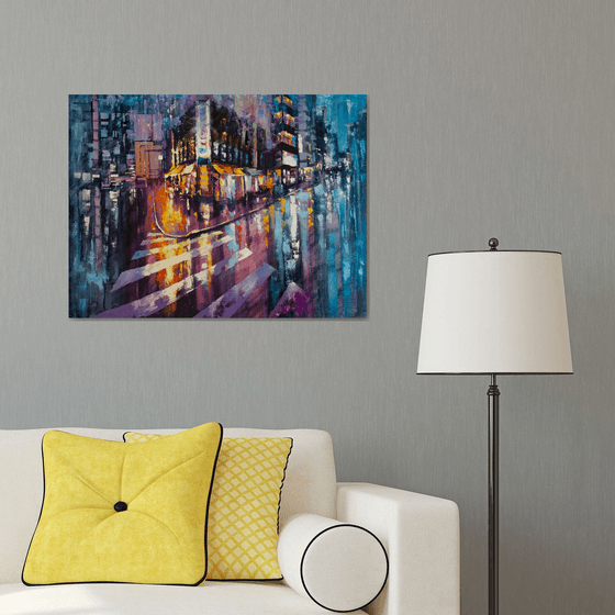 Night city after rain , big painting 80х60