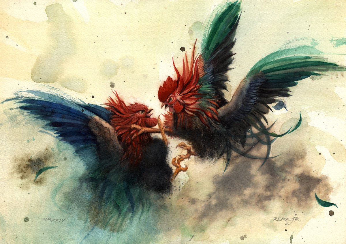 Expressive Animal Watercolour By Reme Jr., 13 X 9", Roosters Battle - X, Original Artwork