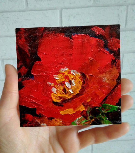 Red Floral Painting Small Original Art Flower Artwork Poppy Wall Art
