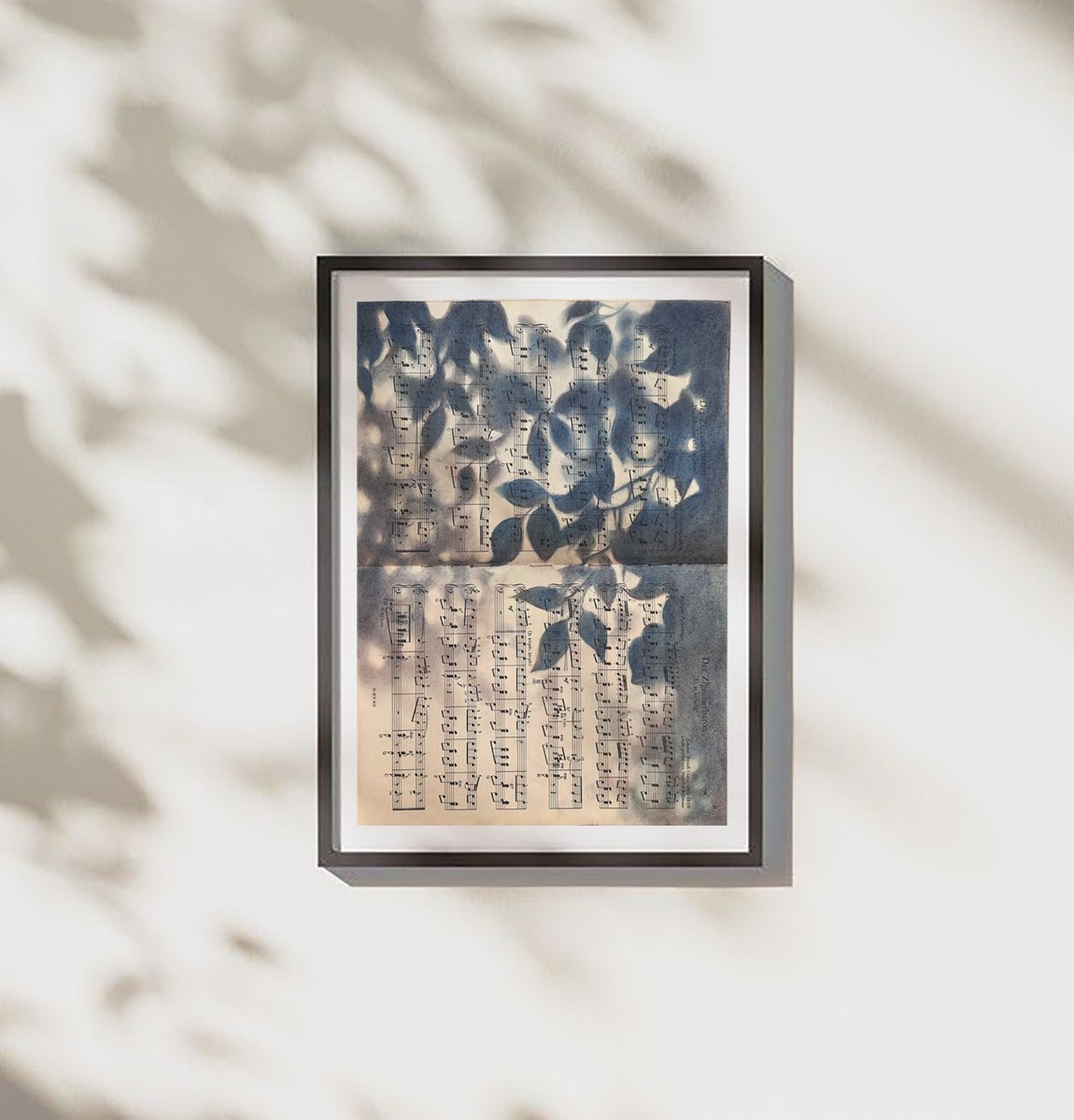 Botanical Pastel Drawing By Julia Shilo, 17 X 21", Leaf Silhouette Pastel On Vintage Sheet Music, Original Artwork