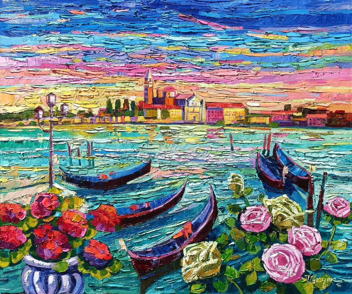 Impressionistic Cityscapes Oil Painting By Vanya Georgieva, 37 X 31", Caramel Sunset In Venice, Original Artwork