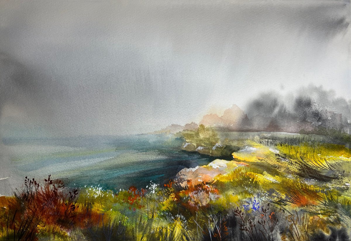 Impressionistic Landscape Watercolour By Maria Kireev, 21 X 15", Foggy Shore, Original Artwork