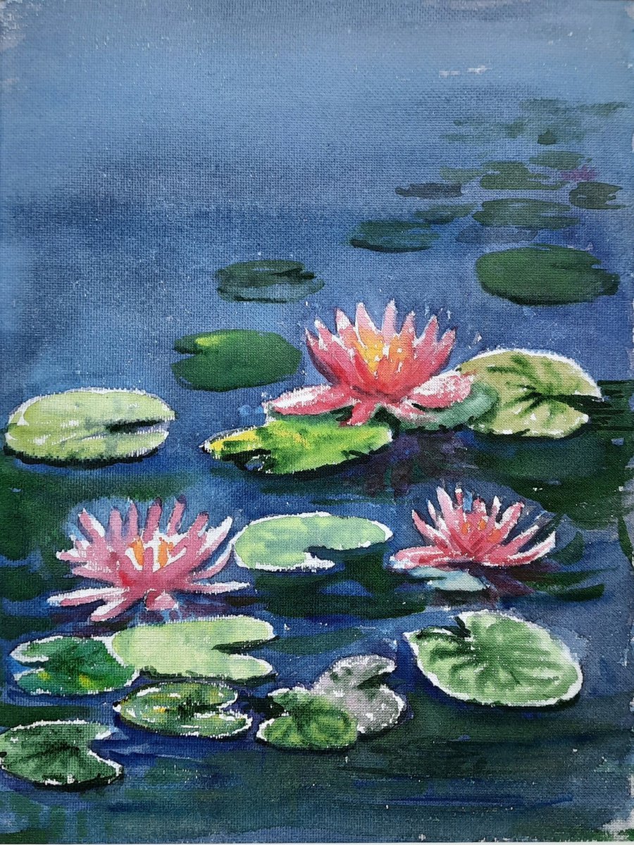Water Lilies Pond SL 23 - Lily Pond Watercolor on paper 11.2x 8.2 by Asha Shenoy