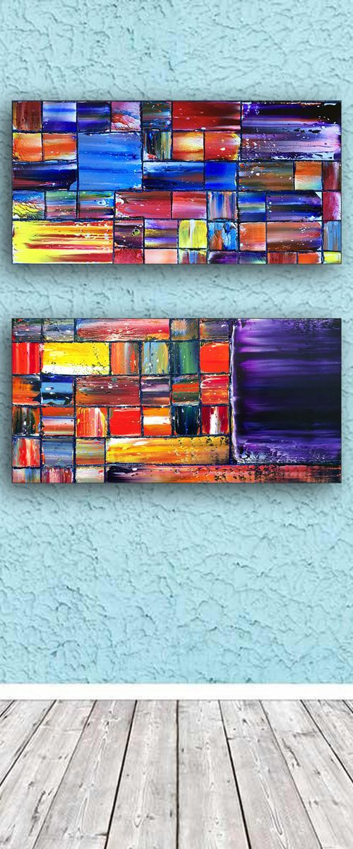 "Barriers" - Save As Series + FREE USA SHIPPING - Original PMS Geometrical Abstract Diptych Oil Paintings On Wood - 24" x 24" by Preston M. Smith (PMS)
