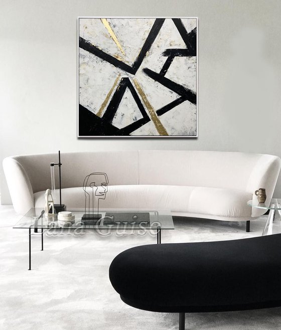 Black and White Abstract Painting, 40" Golf Leaf, Minimalist Art, Modern Wall Art Decor, Original Textured Painting