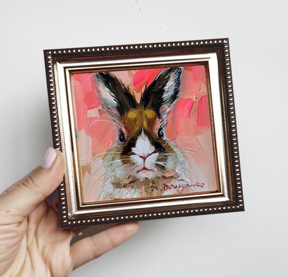 Beige white rabbit painting original pink backgroung art framed 4x4 inch, Bunny small painting oil rabbit artwork frame