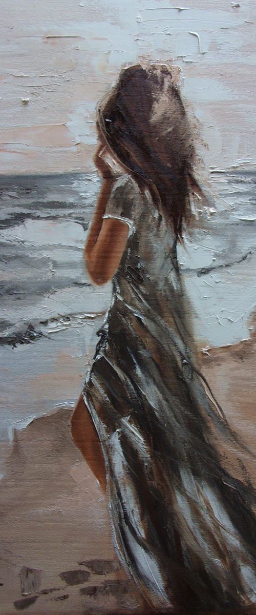 " MY PLACE ... IV "- SKY SEA SPRING SAND liGHt  ORIGINAL OIL PAINTING, GIFT, PALETTE KNIFE by Monika Luniak