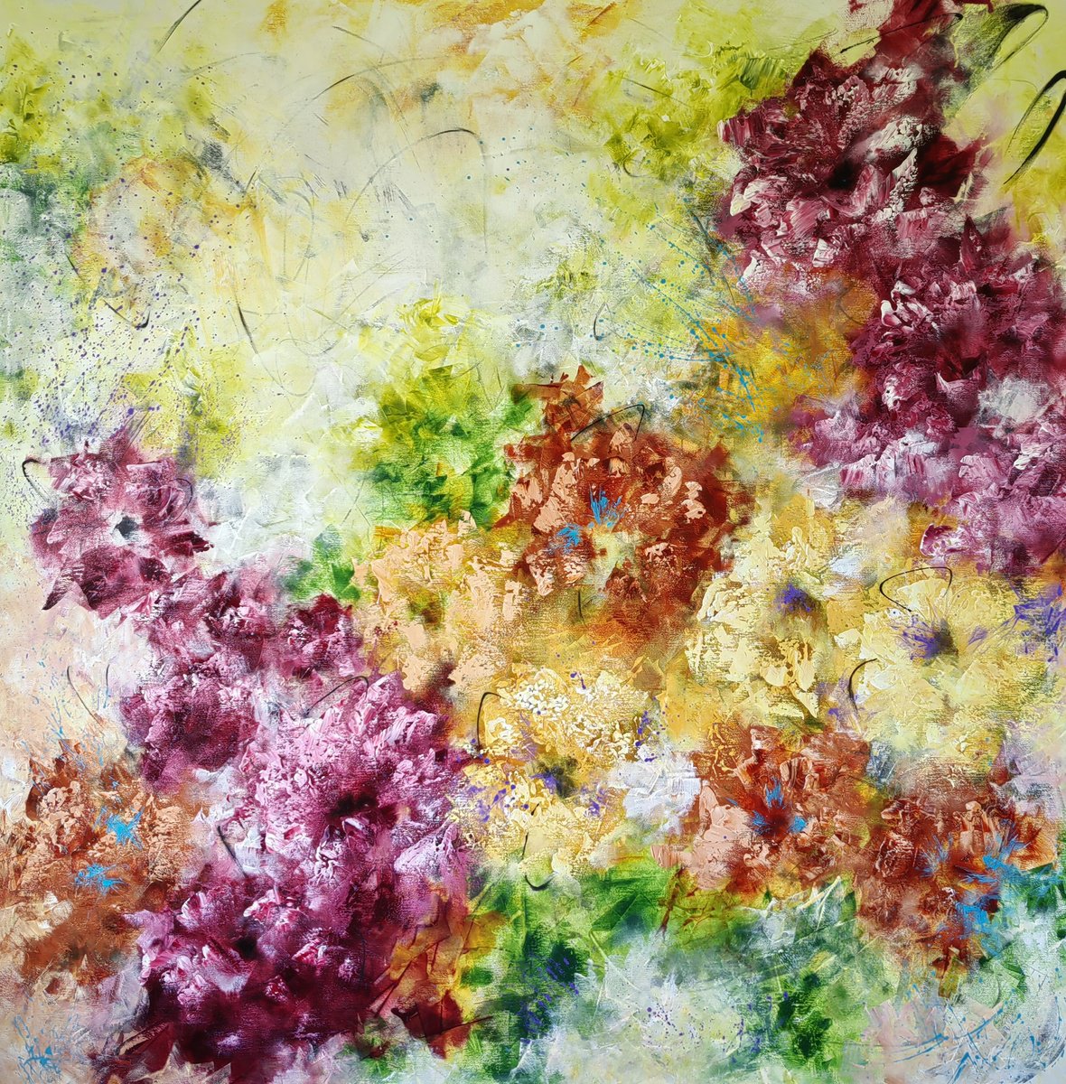 Abstract Botanical Acrylic Painting By Vera Hoi, 53 X 53", "The Bloom Of Being", Original Artwork