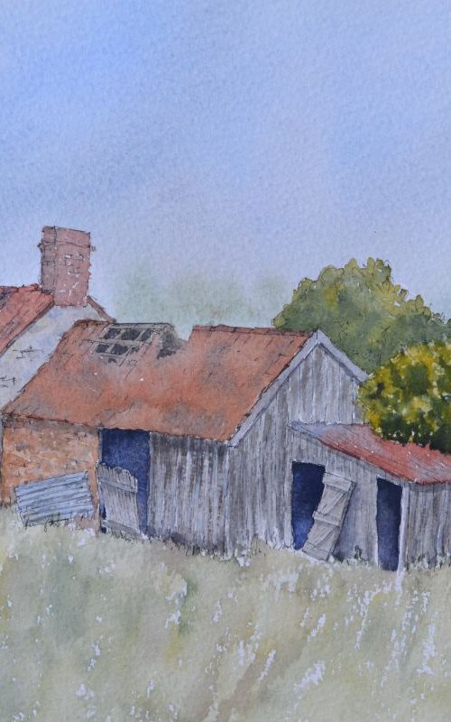 Derelict Farm Building - Original Pen & Wash Painting by JANE  DENTON