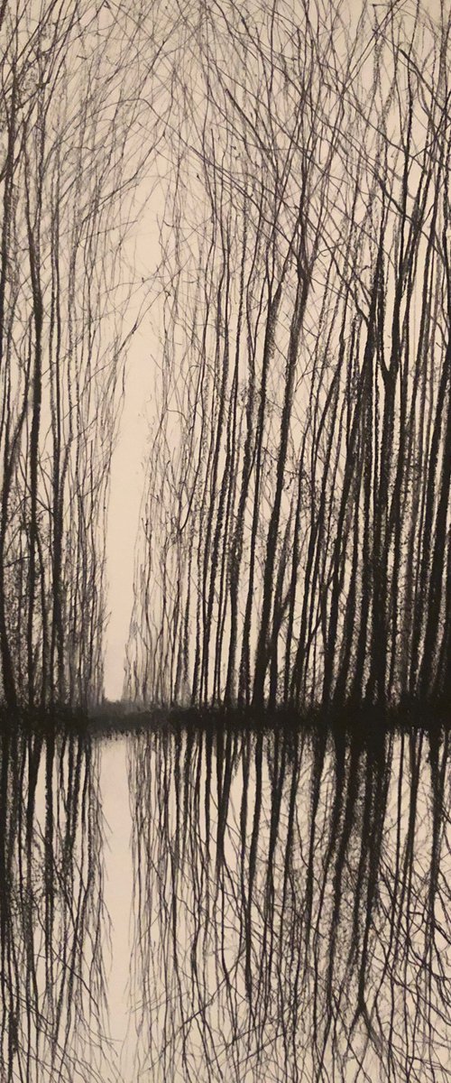 'Long Island Winter III' Charcoal & Ink Landscape Tree Water Reflection Drawing by Simon Jones