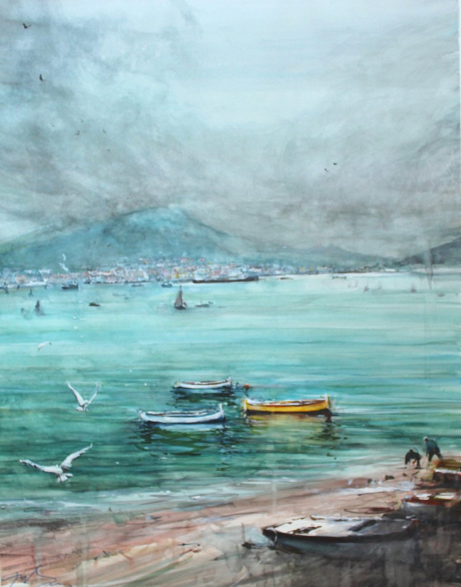 Impressionistic Landscape Watercolour By Maximo Damico, 21 X 25", The Gulf Of Naples, Original Artwork