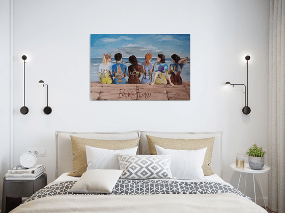 Pink Floyd. Oil painting with famous band.Women,girls.See,mountains and landscape. Sex girls