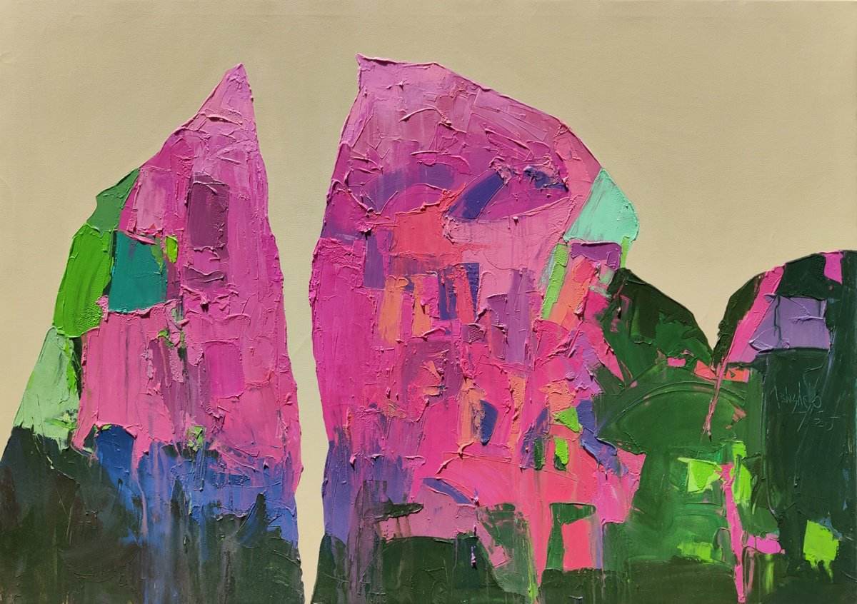 Abstract Acrylic Painting By Abhishek Kumar, 66 X 48, Rose-Tinted Heights, Original Artwork