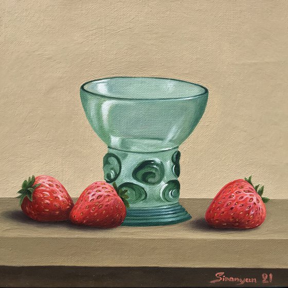 Strawberries with old glass  (20x20cm, oil on canvas, framed)