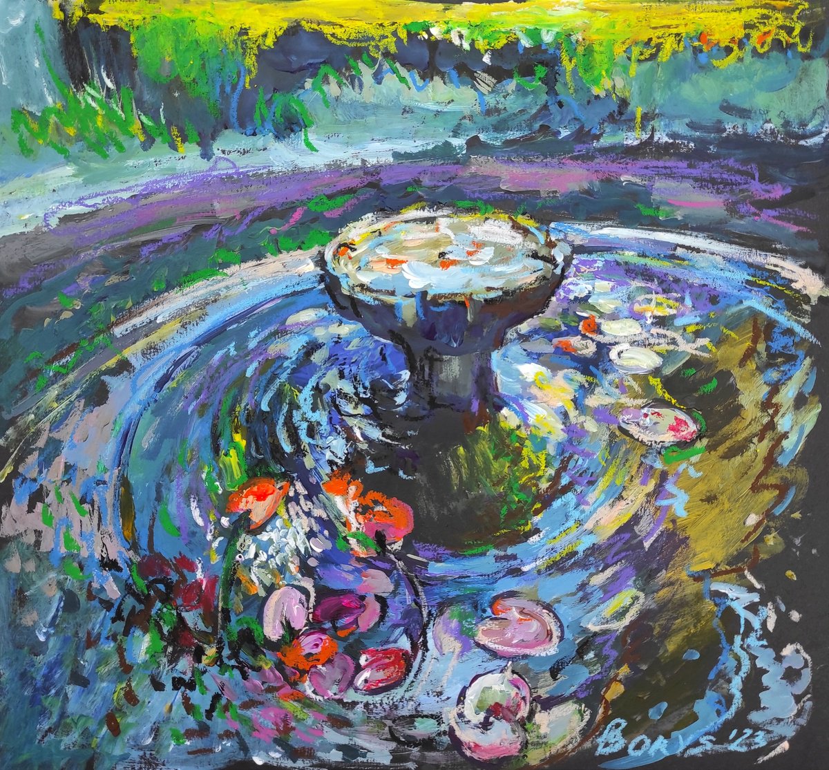 Impressionistic Botanical Acrylic Painting By Tetiana Borys, 12 X 12", Water Lilies. Schloss Eggenberg, Original Artwork