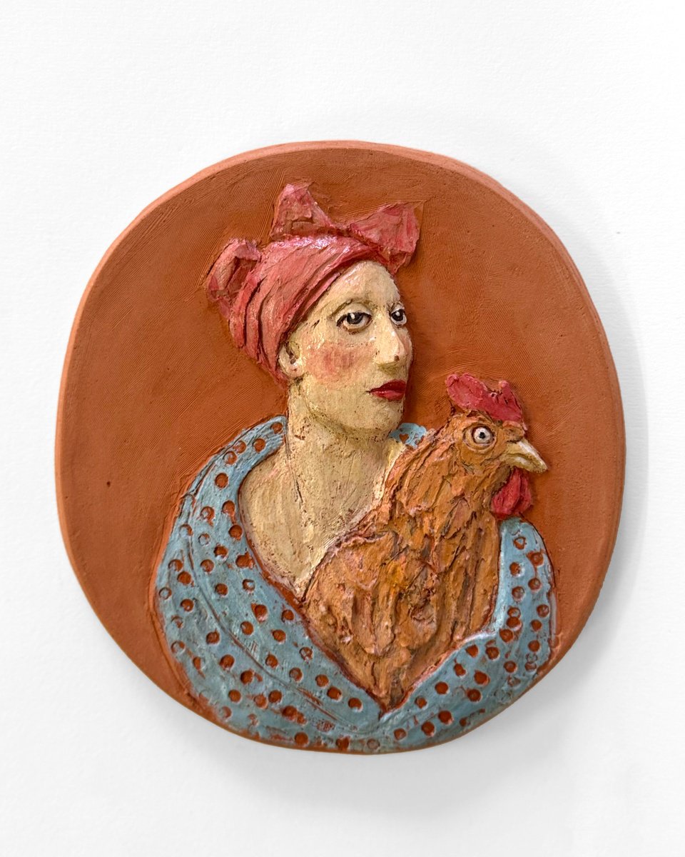 Expressive Animal Clay Sculpture By Sol Vil, 6 X 7", Woman With Hen, Original Artwork