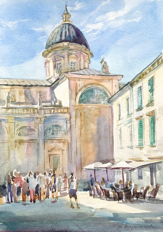 Dubrovnik. Square in front of the Cathedral. Watercolour by Marina Trushnikova. Cityscape. Architectural scenery. Open air artwork.