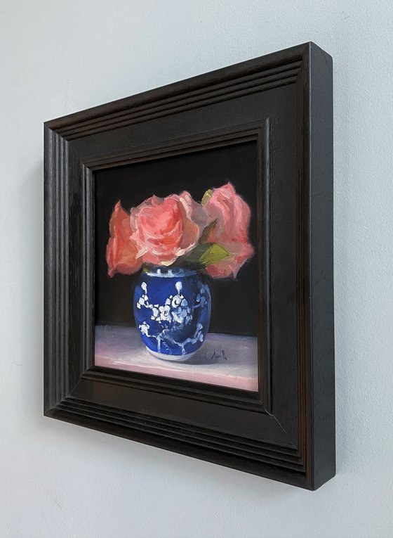 Pink Roses in a vintage prunus ginger pot.