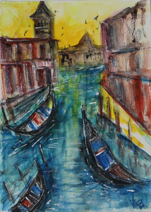 Sunrise in Venice, 2021 - Watercolour painting - Italy painting - gift art - gondola paintings by Vikashini Palanisamy