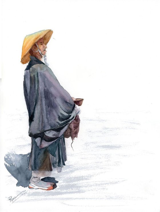 Japanese Monk Original Watercolor Painting