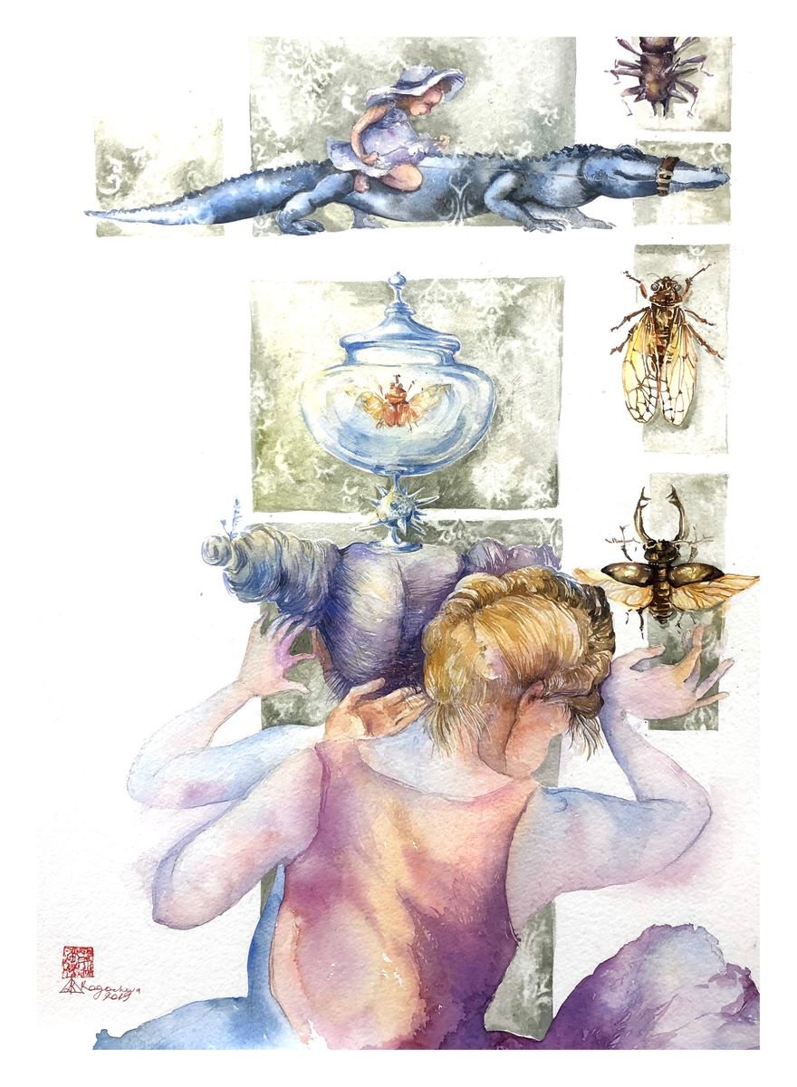 Surrealistic Portrait Watercolour By Larissa Rogacheva, 22 X 30", Entomology, Original Artwork