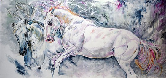 Freedom / Horses 60" x 29" X Large painting / Modern Equine Contemporary