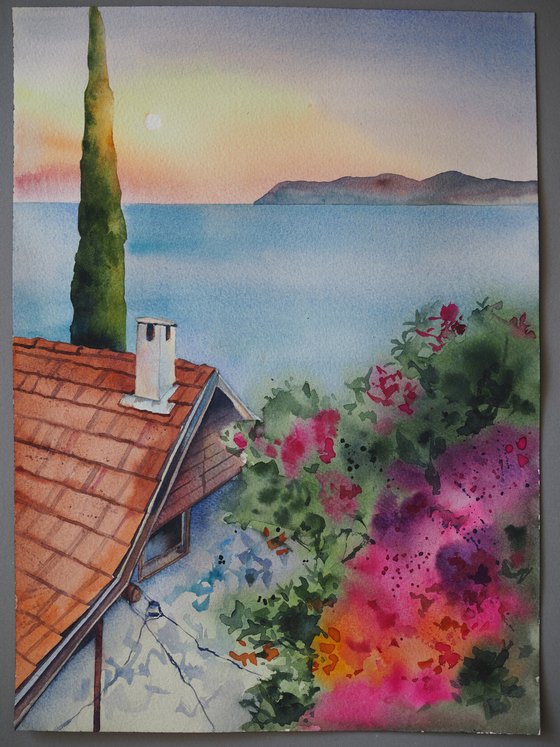 Mediterranean vibe - original watercolor cityscape seaview