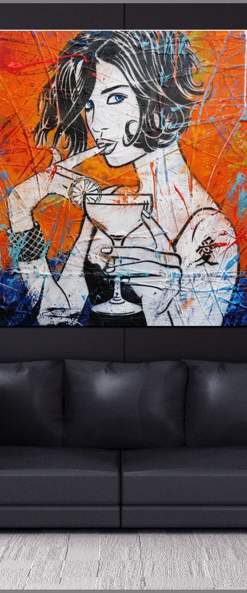 Cocktails on Lime 200cm x 120cm Cocktail Girl Textured Urban Pop Art by Franko