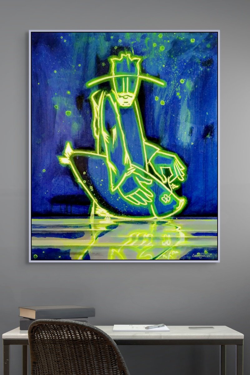 Surrealistic Portrait Acrylic Painting By Evgen Semenyuk, 35 X 43, Catcher Of The Neon Fish, Original Artwork