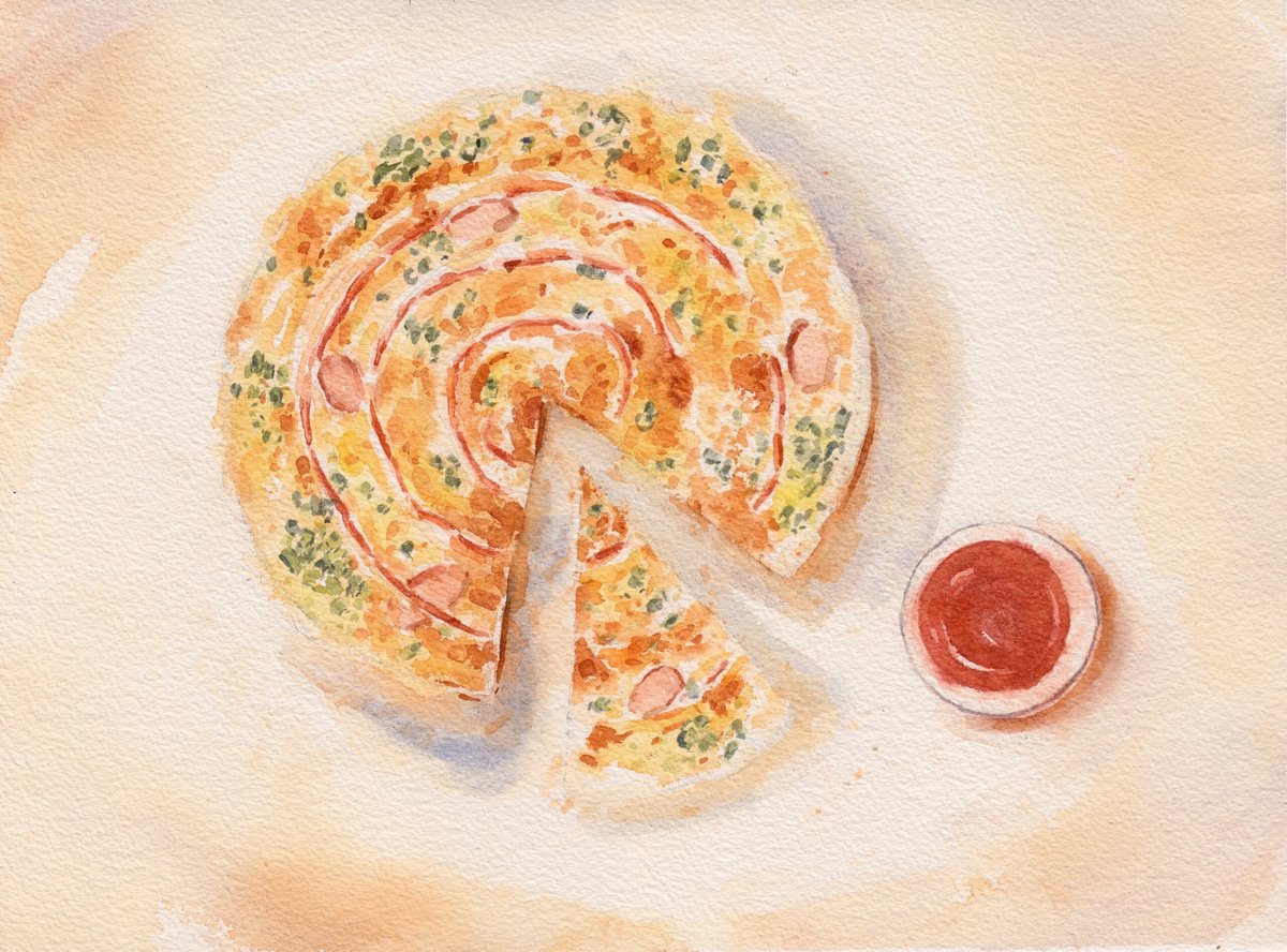 Still Life Watercolour By Hua Le, 15 X 11, Banh Trang N??ng - Dalat Pizza, Original Artwork