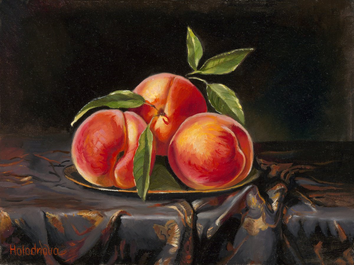 Photorealistic Still Life Oil Painting By Tatyana Holodnova, 17 X 14", Peaches On Silk, Original Artwork