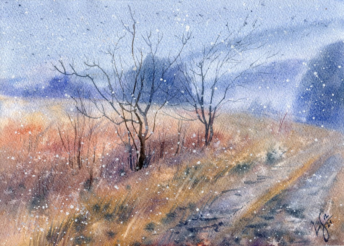 Impressionistic Landscape Watercolour By Svitlana Lagutina, 11 X 8", First Snow Of December, Original Artwork