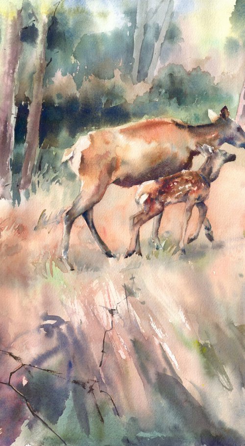 Deer in the forest, Watercolor animals painting by Yulia Evsyukova