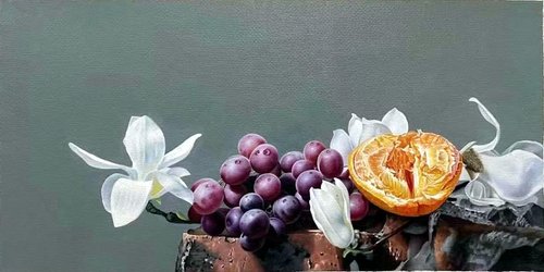 Still life:grape orange and flowers by Kunlong Wang