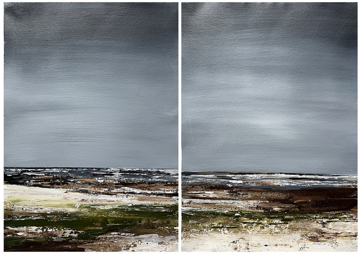 Organic Landscape Acrylic Painting By Tatiana Malinovscaia, 12 X 16", Coastal Fields In Grey Light, Original Artwork