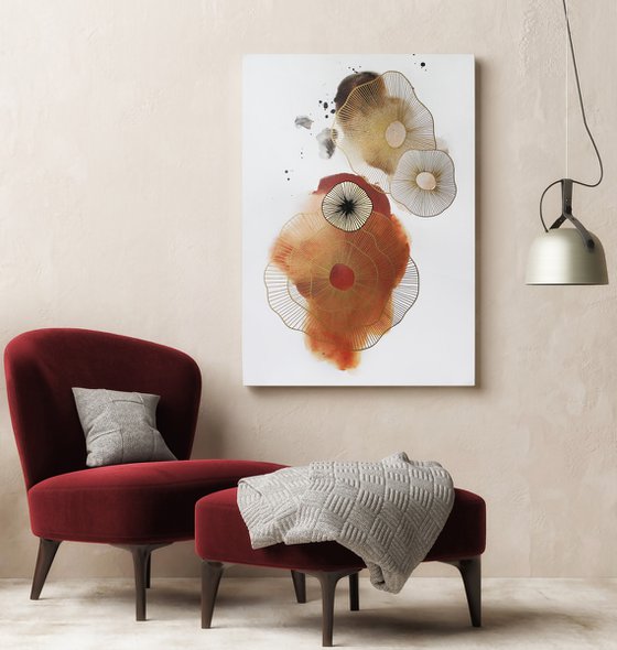 "Golden Molecules 4" Gold orange minimal art