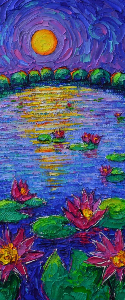Lily Pond Mystic Night Abstract Roundscape Moon Art textural impressionist impasto palette knife oil painting by Ana Maria Edulescu by ANA MARIA EDULESCU