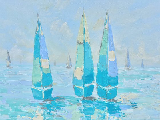 FREEDOM. Sailboats Regatta Modern Seascape Coastal Painting