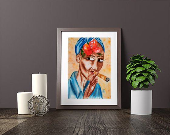 Flower Head Painting Portrait Original Art Cuban Watercolor Smoking Woman Small Artwork Home Wall Art 8 by 11" by Halyna Kirichenko