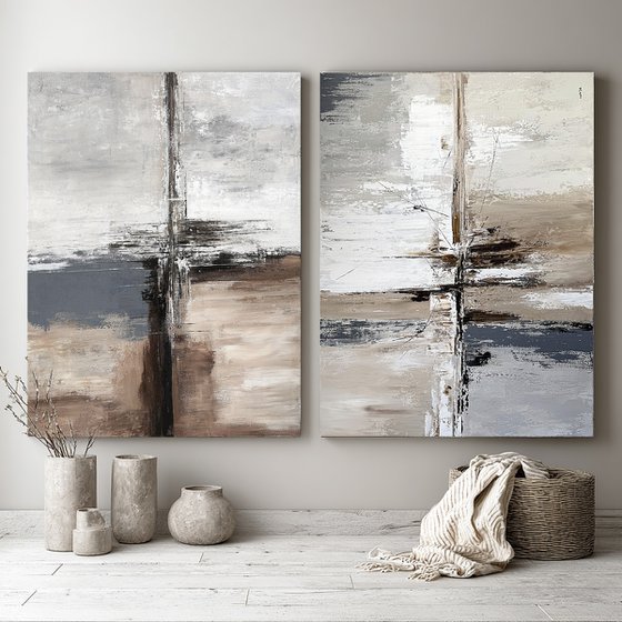 Parallel Ground.Neutral Abstract Diptych