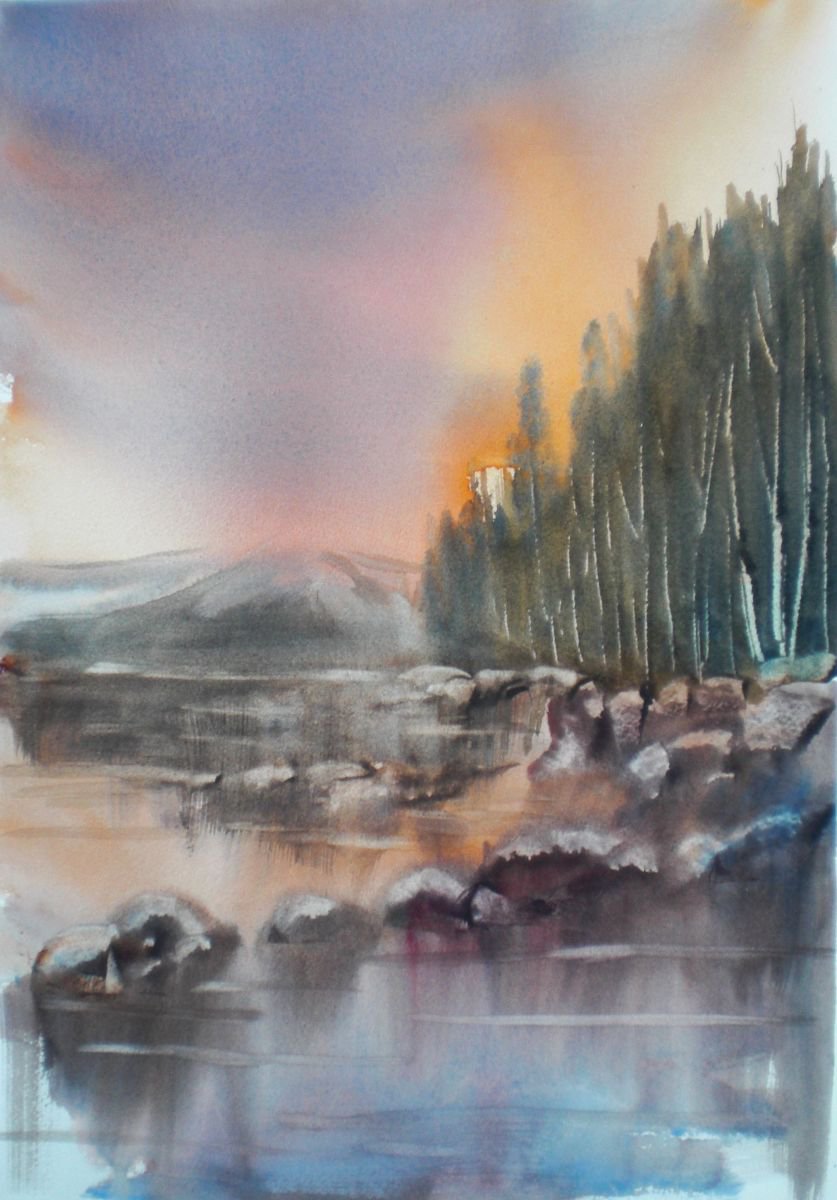 Expressive Landscape Watercolour By Giorgio Gosti, 13 X 19, Rocks Reflections, Original Artwork